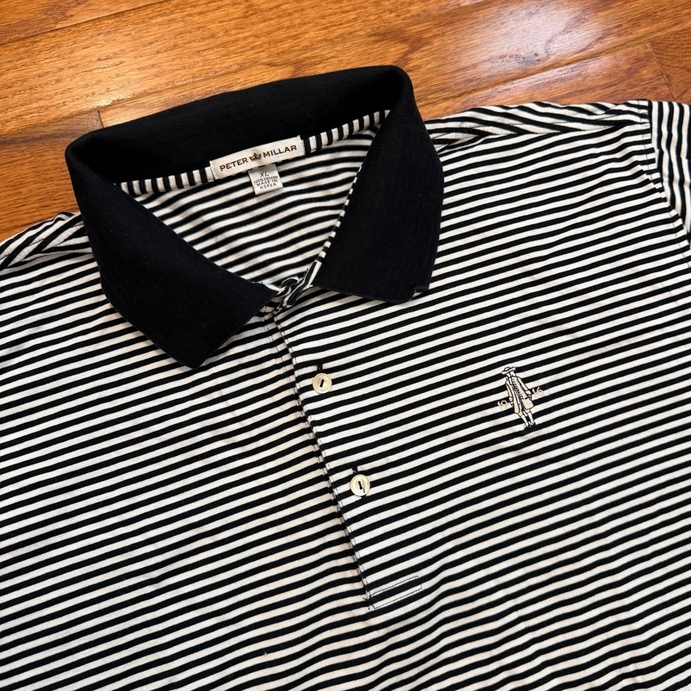 Peter Millar Quaker Ridge Golf Polo Shirt Mens XL Black White Striped Cotton